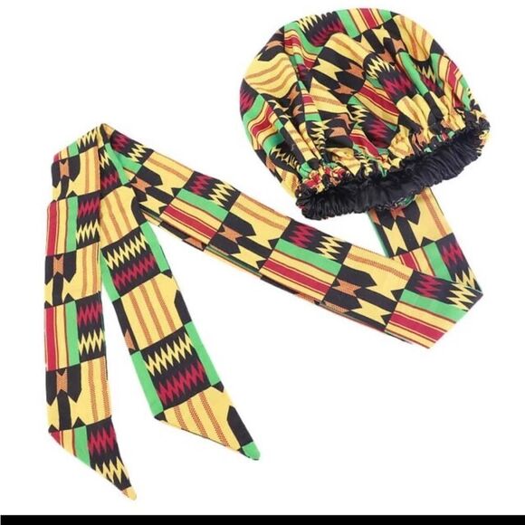 African Print Satin Bonnet With Long Ribbon Wrap - Picture 9 of 10